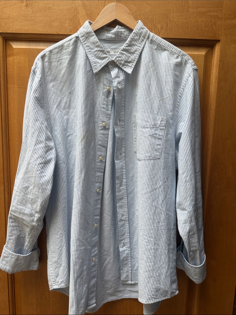 Zara Blue and White Pinstripe Casual Button-Down Shirt